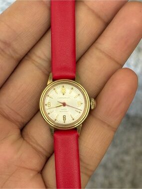 Caravelle by Bulova 1974 Gold-Tone Winding womens Vintage Watch Red Strap